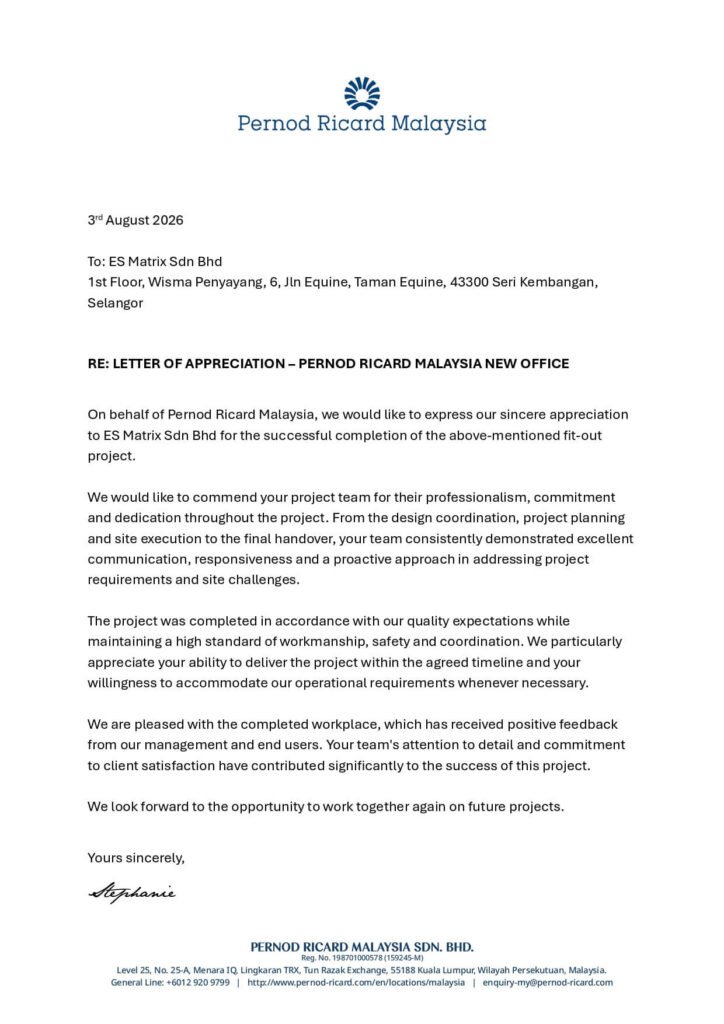 Letter of Appreciation — New Office Fit-Out — Pernod Ricard Malaysia