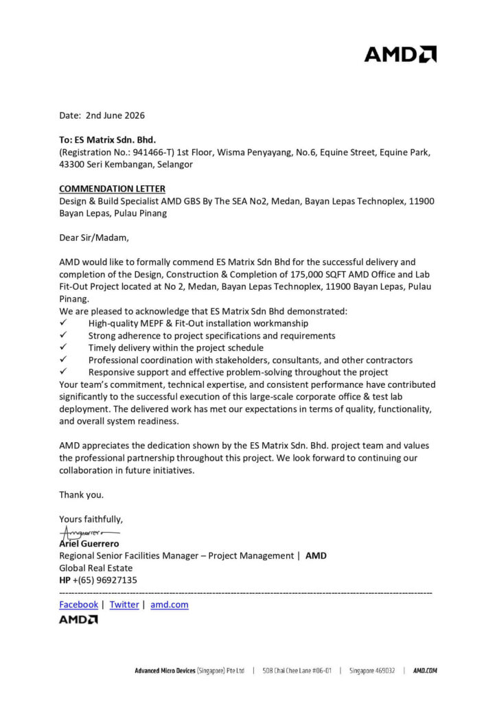 Commendation Letter — 175,000 SQFT Office & Lab — AMD (Advanced Micro Devices)