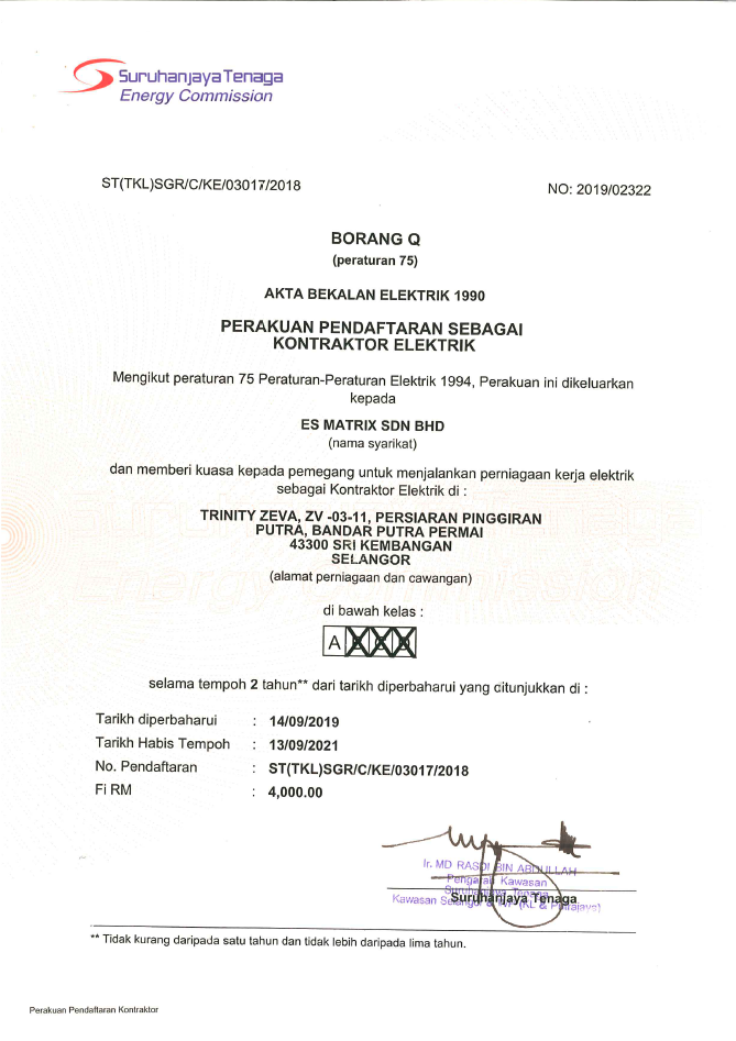 Electrical Contractor’s Certificate (Form Q) — Suruhanjaya Tenaga