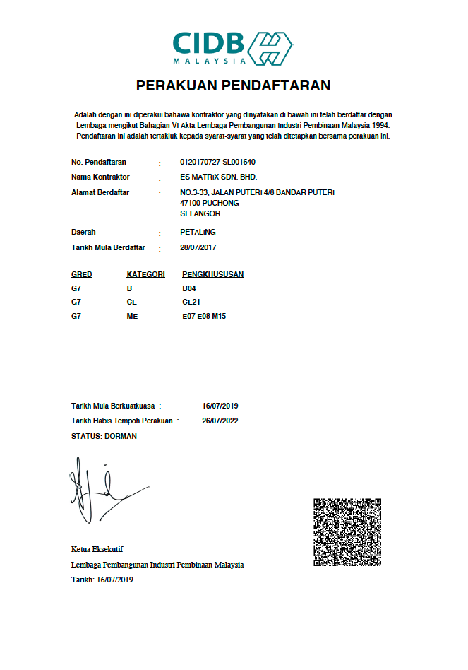 Contractor Registration Certificate — CIDB Malaysia — Grade G7