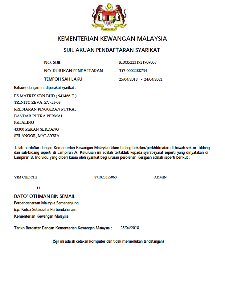Company Registration Certificate — Kementerian Kewangan Malaysia